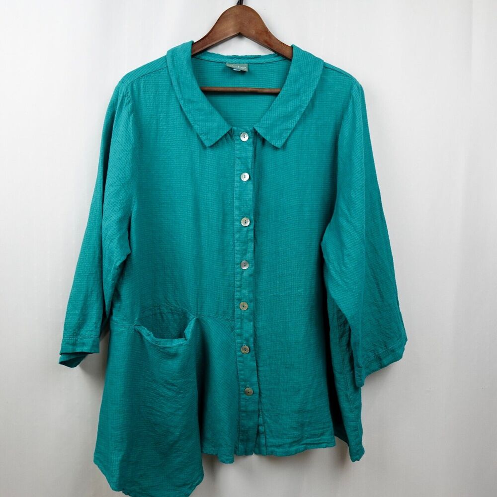 Nilgun Derman‎ Niche Asymmetric Linen Blend Blouse Size XL Teal Green Lagenlook